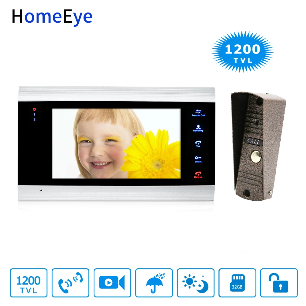 

HomeEye 7inch Video Doorbell Video Intercom Home Access Control System Motion Detection Multi-languages OSD Menu Touch Button