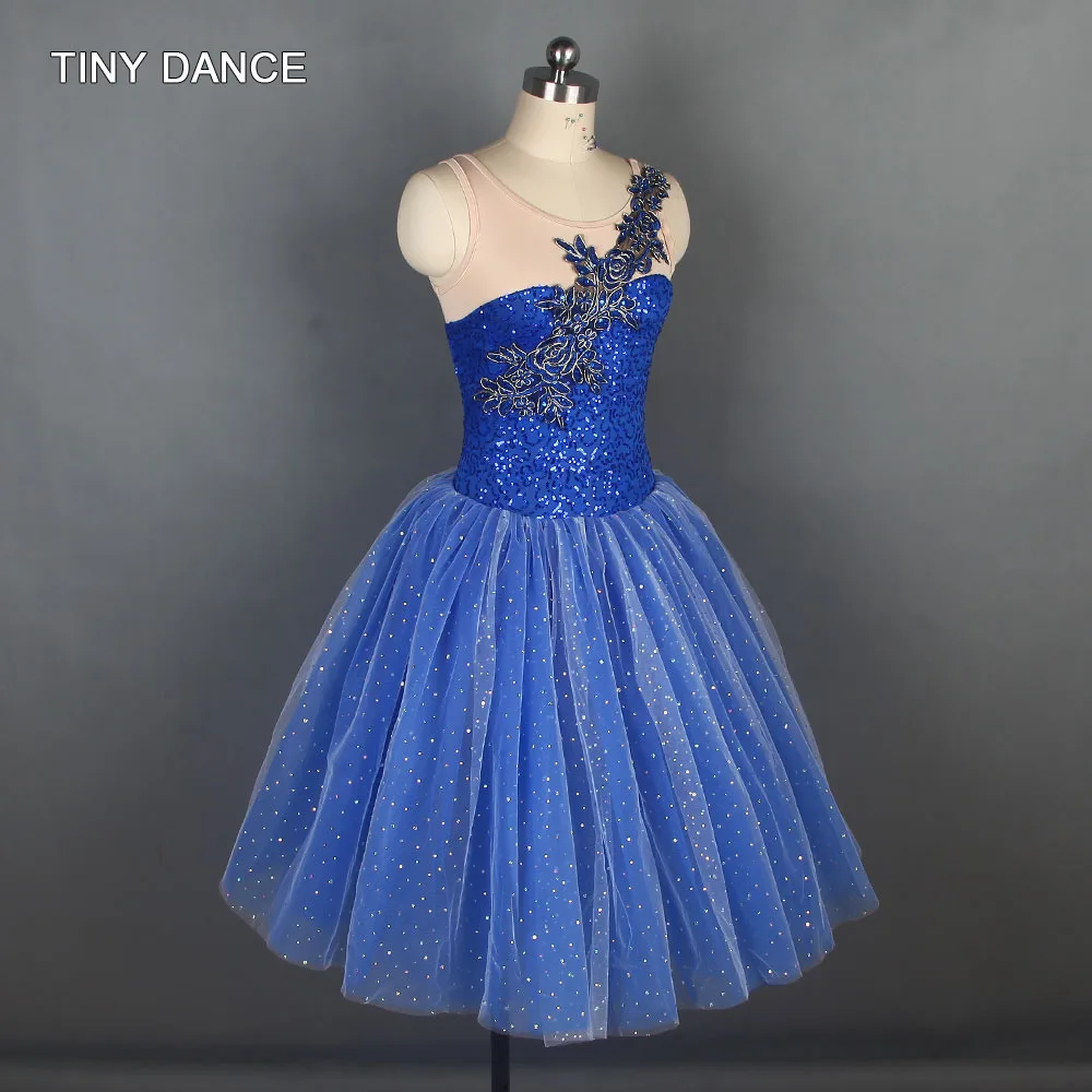 Vestido de lentejuelas brillantes para niño y adulto, tutú de Ballet romántico azul brillante, traje de espectáculo de escenario, vestido de baile