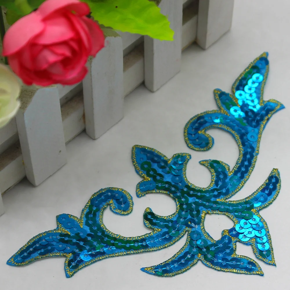 1 Piece Sequined Patches Iron on Cosplay Costumes For Dress Gold Embroidery Trims 16cm*9.5cm