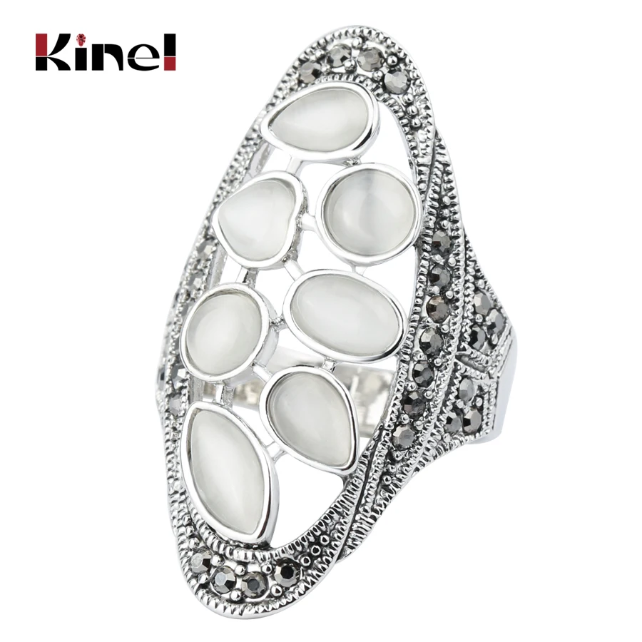 Kinel Luxury Opal Ring For Women Vintage Wedding Jewelry Antique Tibetan Silver Gray Crystal Big Ring Christmas Gifts