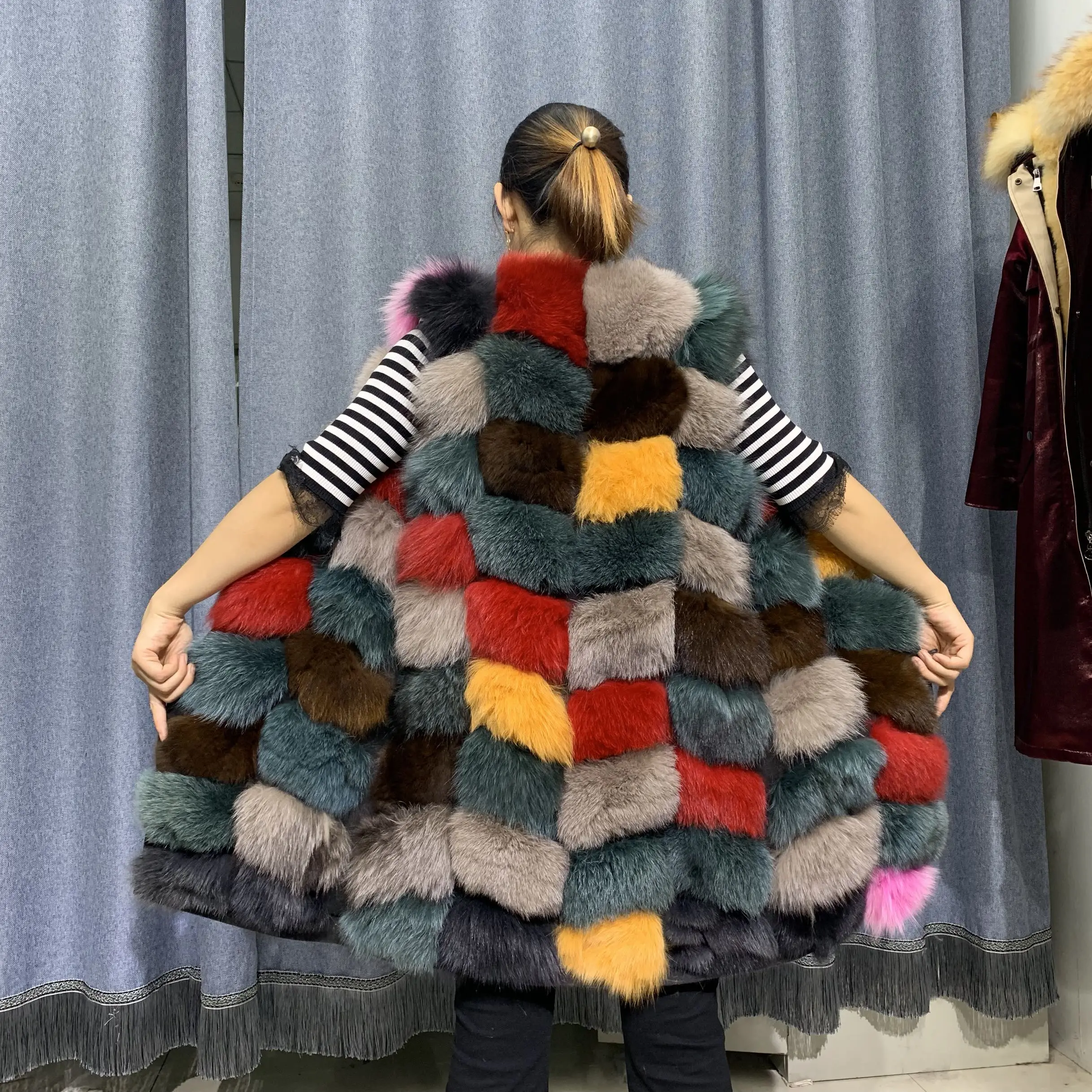 New Real Fox multi color fur Women Vest Leather Fashion Luxury Thick Warm Coat Jacket colorful Fur Vests Women Coats