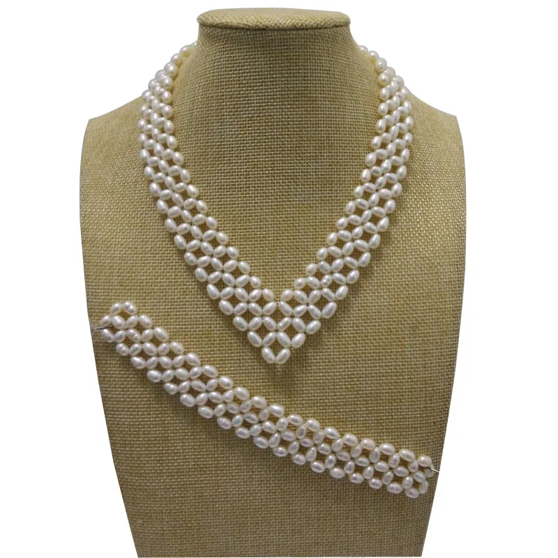 

16 inches Natural White 5-6mm High Luster Rice Pearls Necklace and 7 inches Braided Bracelet Jewerly Set