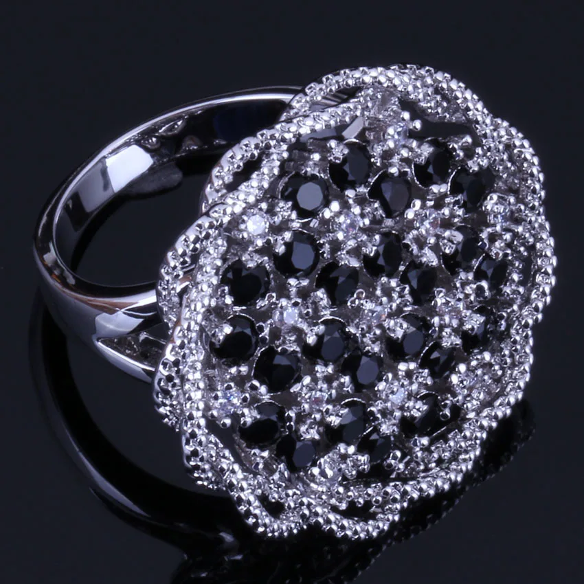 Absorbing Big Flower Black Cubic Zirconia White CZ Silver Plated Ring V0521