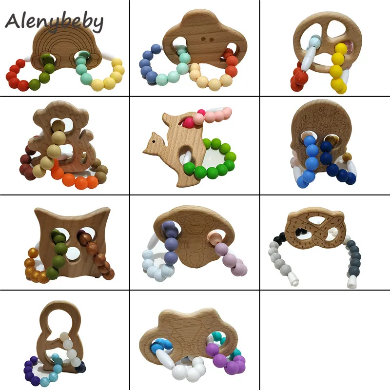 

Baby Teething Play GYM Toys Silicone Beads Bracelet Beech wooden Animal Teether Infant Sensory Chew Nursing Shower Gift