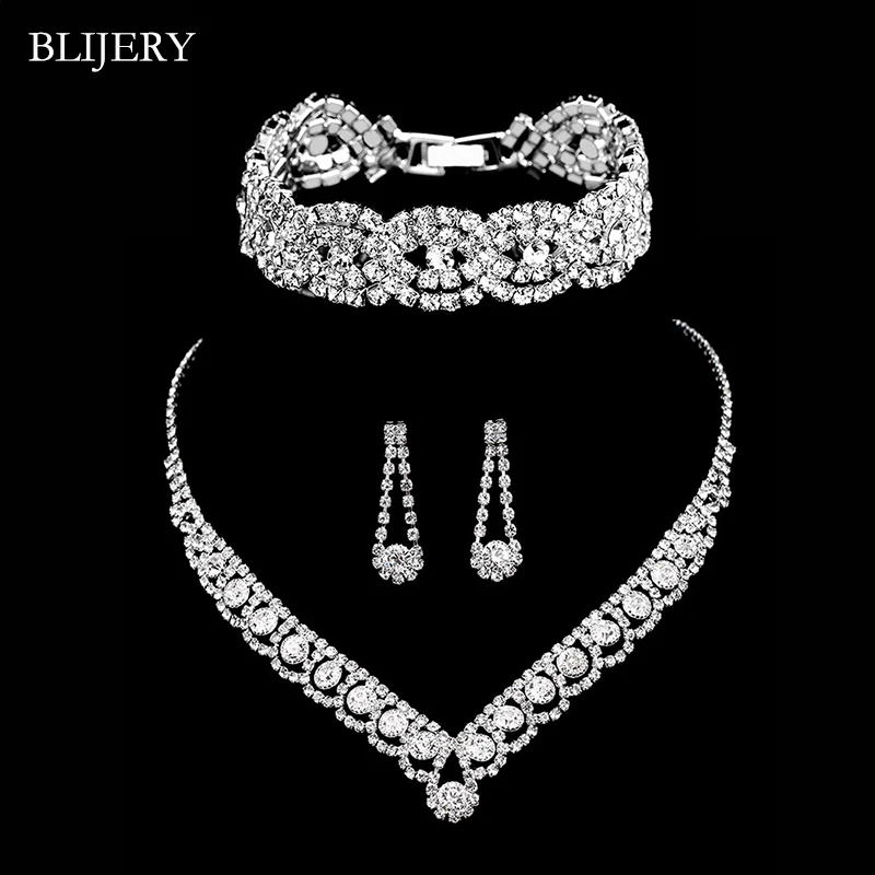 BLIJERY Silver Color Crystal Bridal Jewelry Sets for Women Rhinestone Necklace Earrings Bracelet Set Wedding Jewelry Accessories