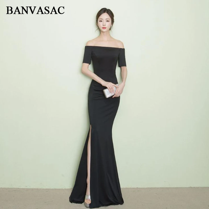 

BANVASAC 2018 Boat Neck Short Sleeve Satin Split Mermaid Long Evening Dresses Party Off The Shoulder Backless Prom Gowns