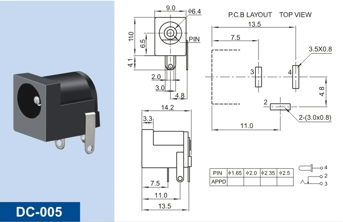 100Pcs DC-005 Black 5.5x2.1mm 3pin DIP DC Universal Power Supply Socket DC005 5.5-2.1MM Female Panel Mount Connector