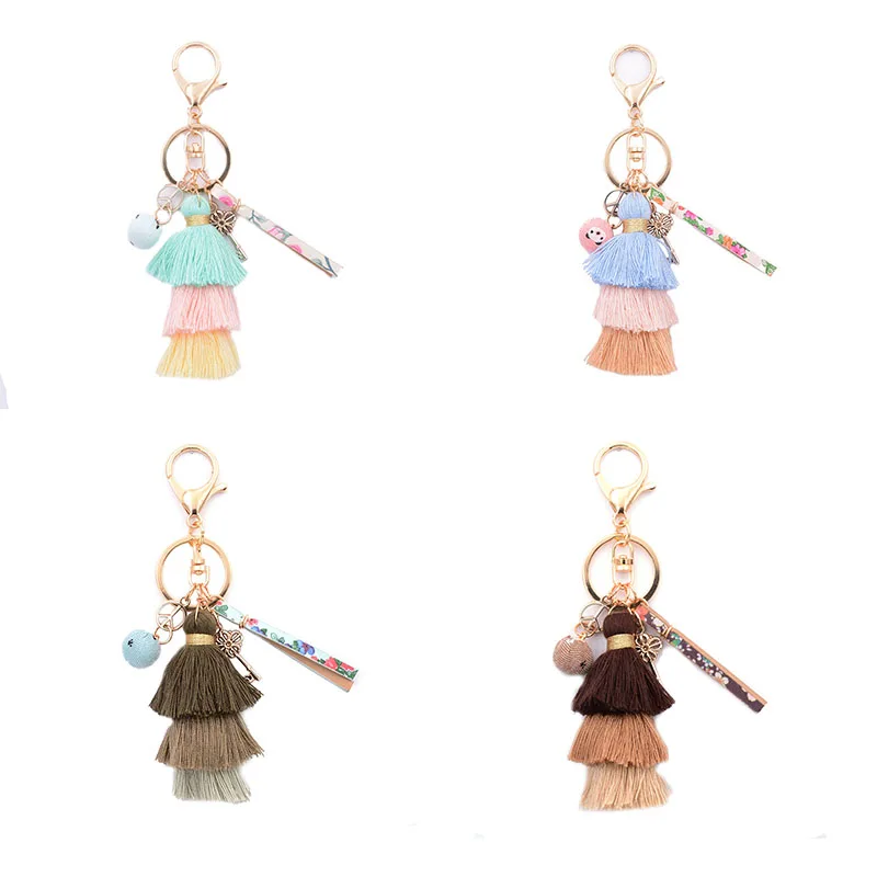 WELLMORE BOHEMIA leather,Cloth ball,key,long tassel colorful  alloy Key Chain For Women Girl Bag Keychain wholesale jewelry