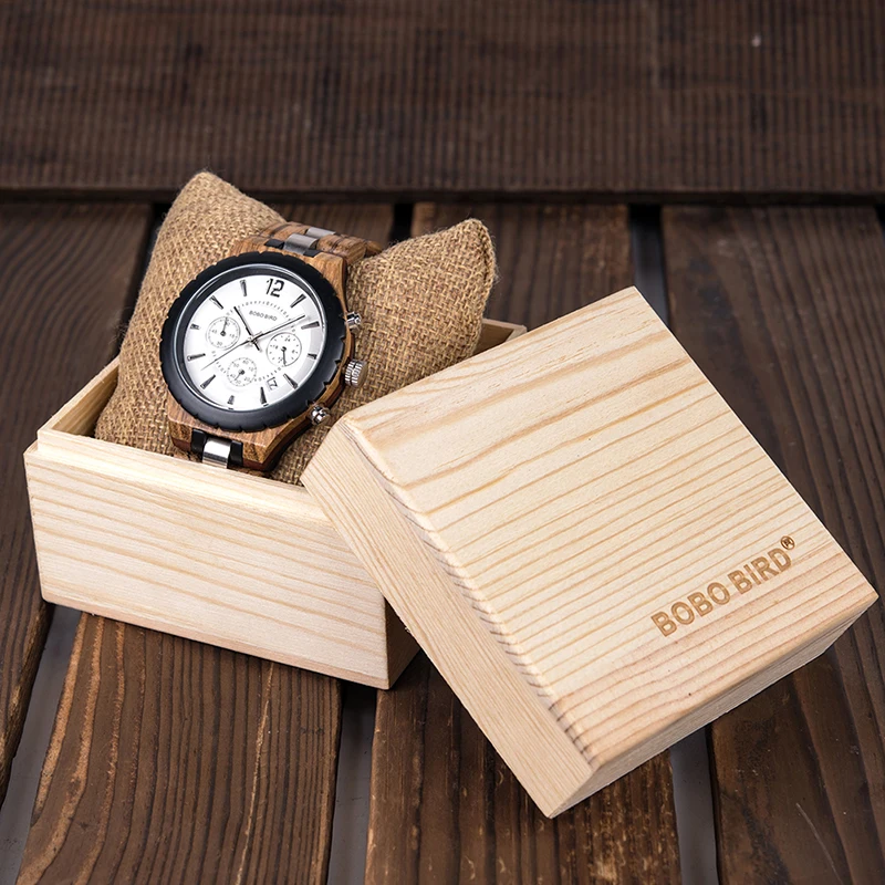 BOBO BIRD Wood Watch Men Business Watches Stop Watch Chronograph With Wood Stainless Steel Strap relogio masculino V-R22