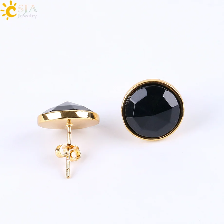 CSJA Femme Gold Color Round Stud Earrings Natural Gem Stone Green Black Red Earring Lapis Lazuli Pink Crystal Beads Jewelry E597
