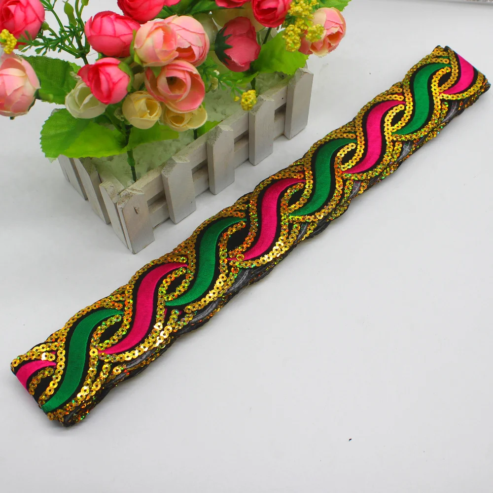 1 Yard Colored Embroidered Lace Fancy Gold Sequined Lace Wave Striped Ribbons Appliqued Belt Braided Diy Apparel Trim 5.0CM