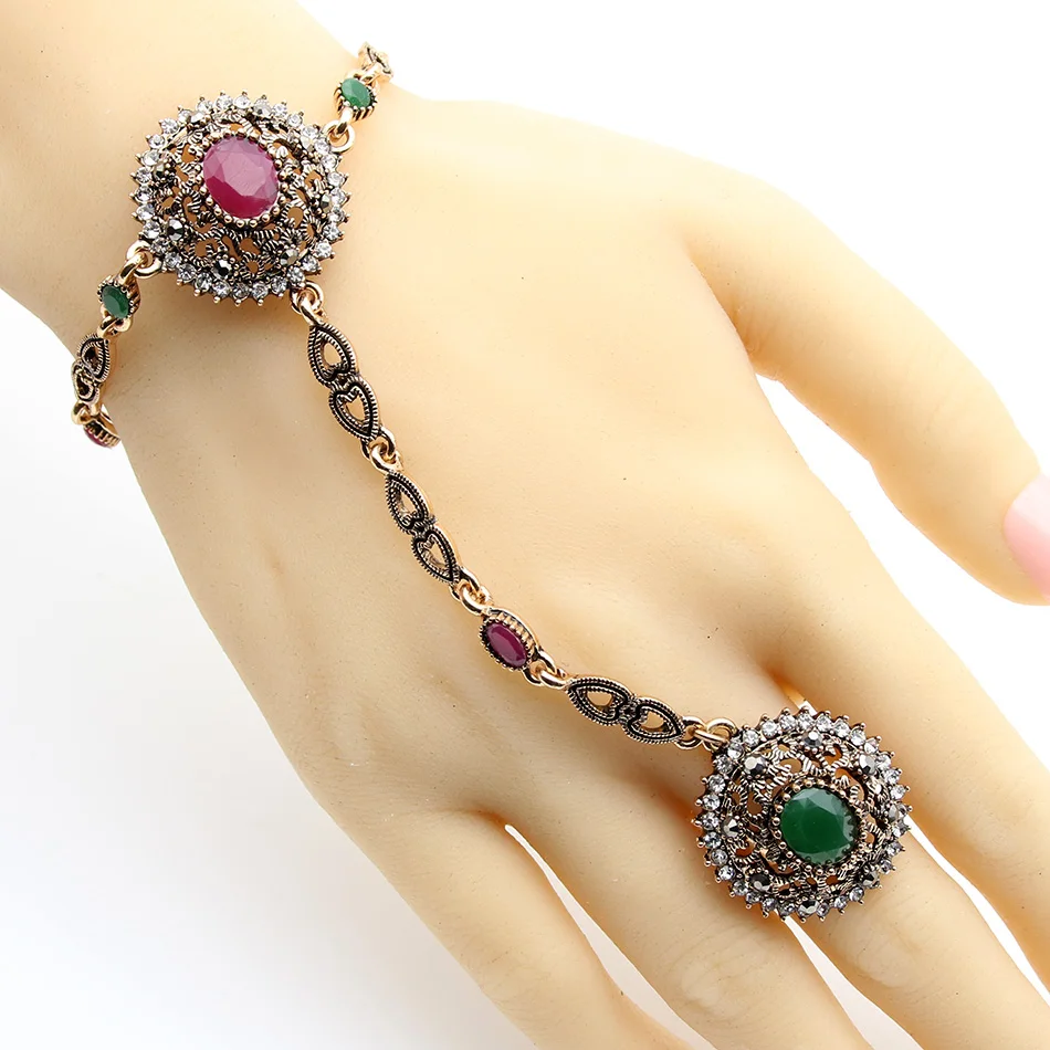 Retro Turkish Adjustable Ring Bracelet Jewelry Sets Women Antique Gold Color Resin Flower Bracelet Arabia Dancer Bridal Jewelry