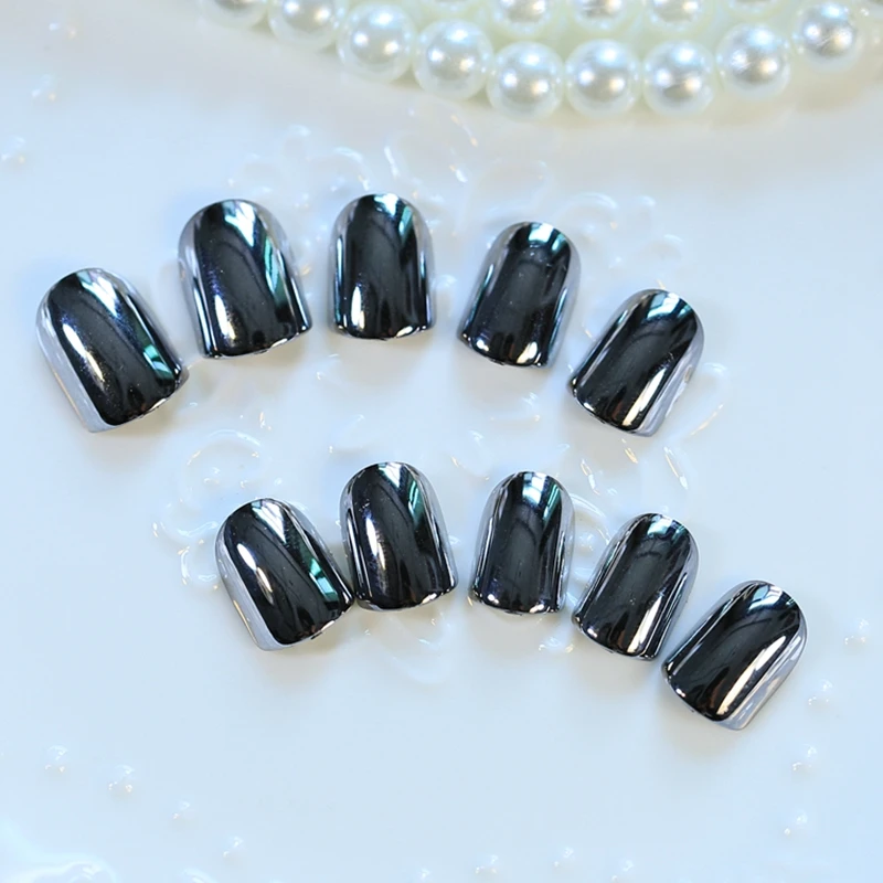 Short Square Metallic Acrylic Nails Dark Gun Grey Mirror False Nails 24pcs kit with Double Side Glue Sticker in OPP bag Z197