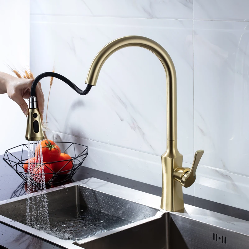 Kitchen Sink Faucet Solid  Brass Pull Out Nozzle Mixer Tap Single Handle Hot & Cold Kitchen Crane Tap Brushed Gold/Chrome/Black