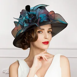 Lady Organza kapelusz Fedoras elegancki szeroki rondo kapelusz z organzy kobiety brytyjski styl dekoracja kwiatowa pióro Kentucky Derby kapelusz B-8204