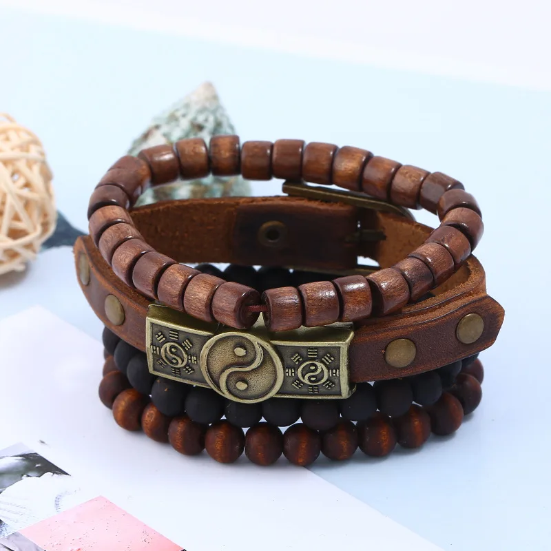 4pcs/set Dark Brown Leather Copper Taoism YINYANG Bagua TaiJi KongFu Tag Charm Wood Beads Layers Bracelet Bangles Unisex Jewelry