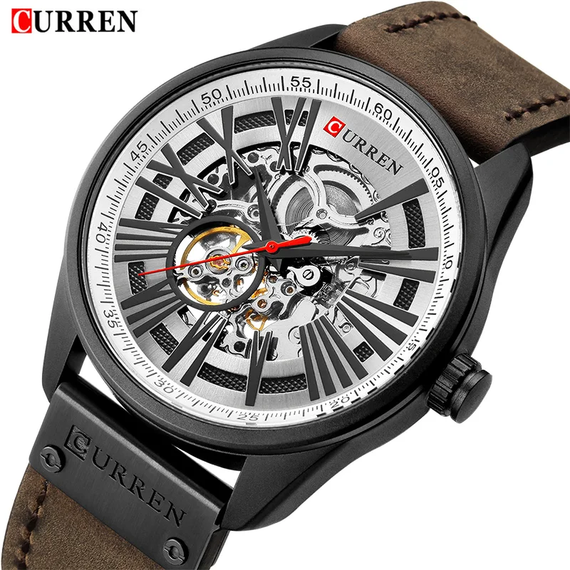 New CURREN Watch Men Skeleton Tourbillon Mechanical Watches Male Leather Automatic Self-wind Sports Clock Relogio Masculino