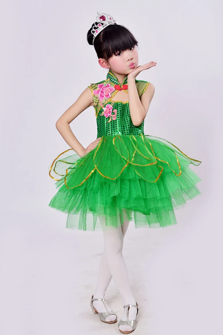 New girls chorus clothes Chunxiao costume jasmine dance clothes green princess dress toddler net yarn tutu skirt