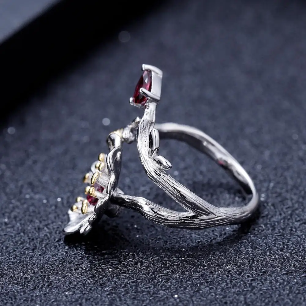 GEM\'S BALLET  Natural Rhodolite Garnet Ring 925 Sterling Silver Handmade Blooming Poppies Flower Rings for Women Fine Jewelry