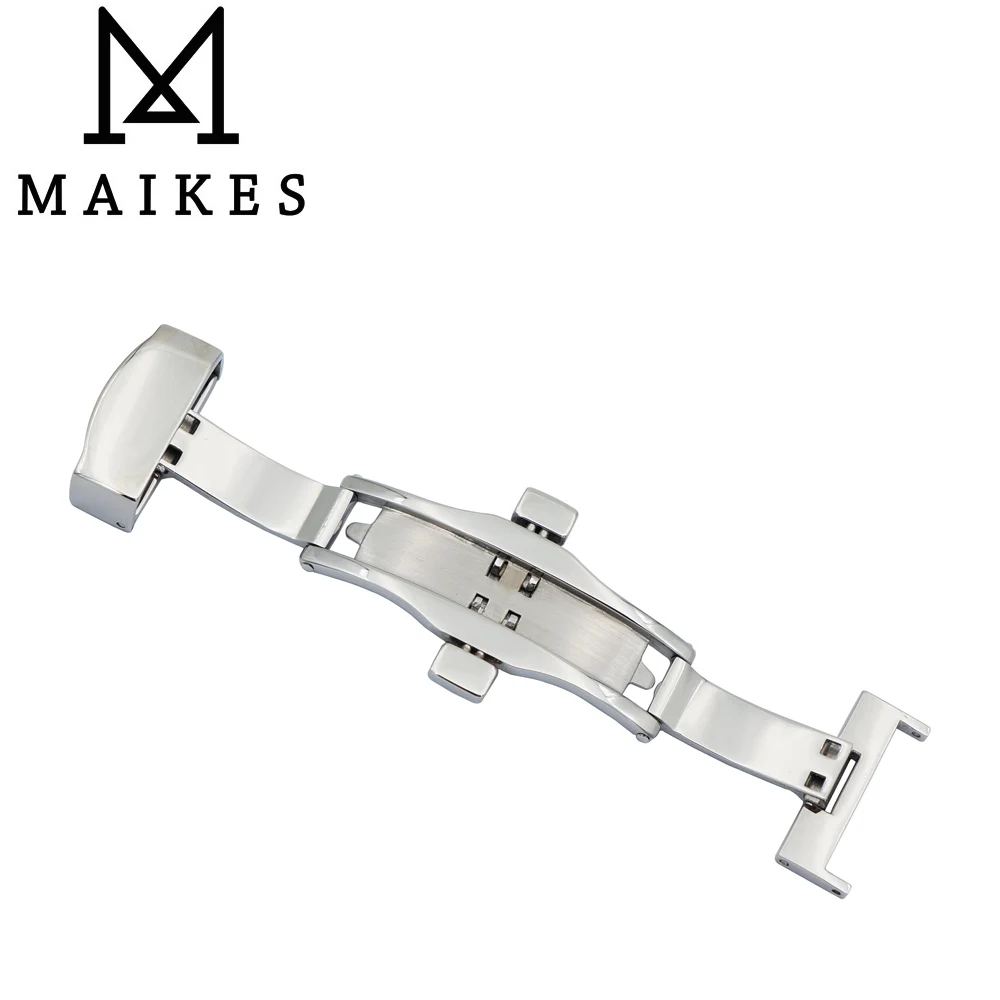 MAIKES 16 18 20mm New high quliaty Silver Butterfly Deployment Watch Band Stainless Steel Double Push Button Buckle Clasp