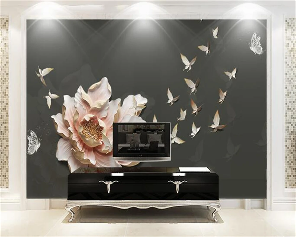 

Beibehang 3d Wallpaper Stereo Relief Butterfly Love Butterfly Peony Simple Background Wall Living Room Bedroom Mural wallpaper