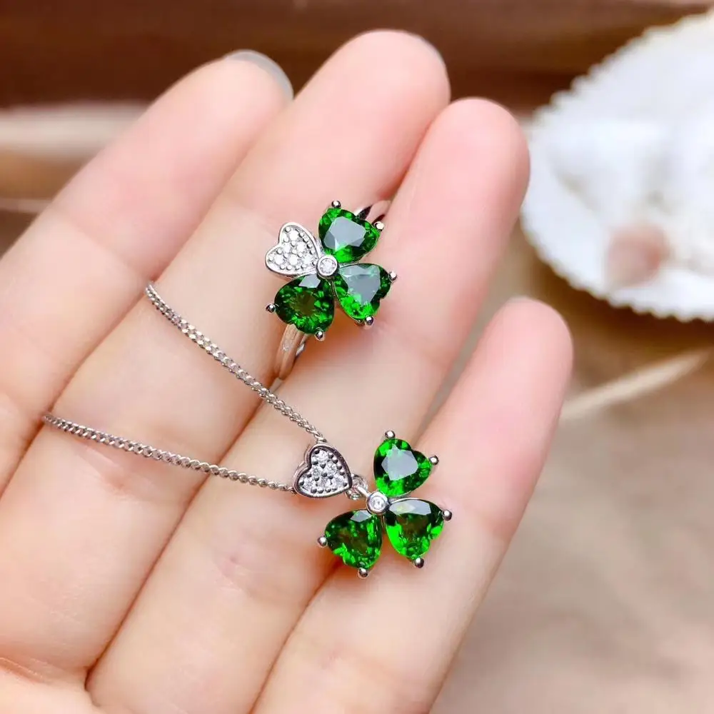 

fashion charming clear green Diopside gemstone ring and necklace jewelry set with silver for women