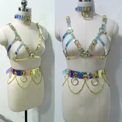 100% Handcrafted Holographic Choker Bra Belt Gold Chest Top Body Chain Link Waist Belts Hologram Iridescent