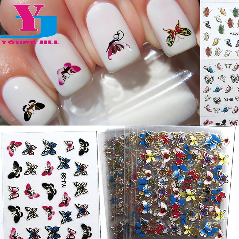 24pcs/lot 3D Nail Sticker Metallic Butterfly Flower Design  Fashion Nail Decals  Wholesale Cute Beauty Nail Art Decorations