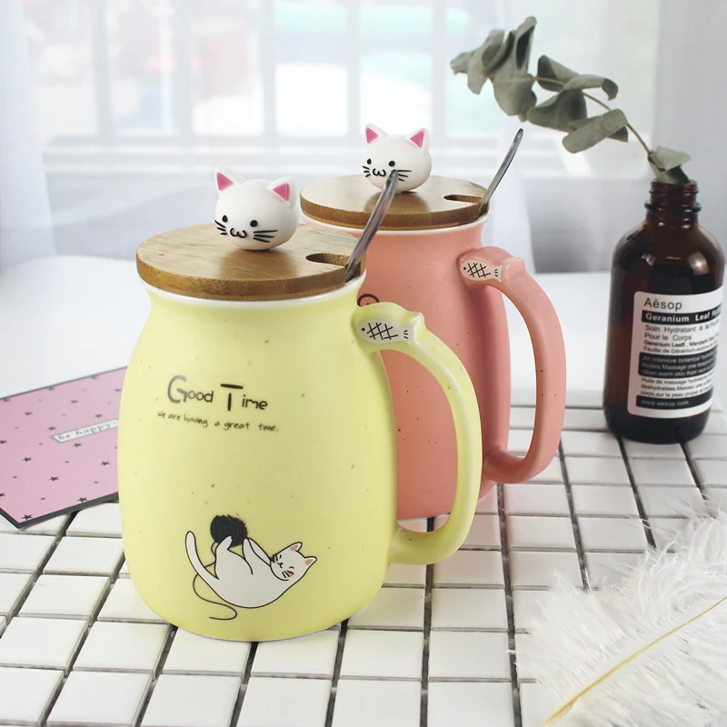 WALFOS New Sesame Cat Heat-Resistant Cup Color Cartoon With Lid Cup Kitten Milk Coffee Ceramic Mug Children Cup