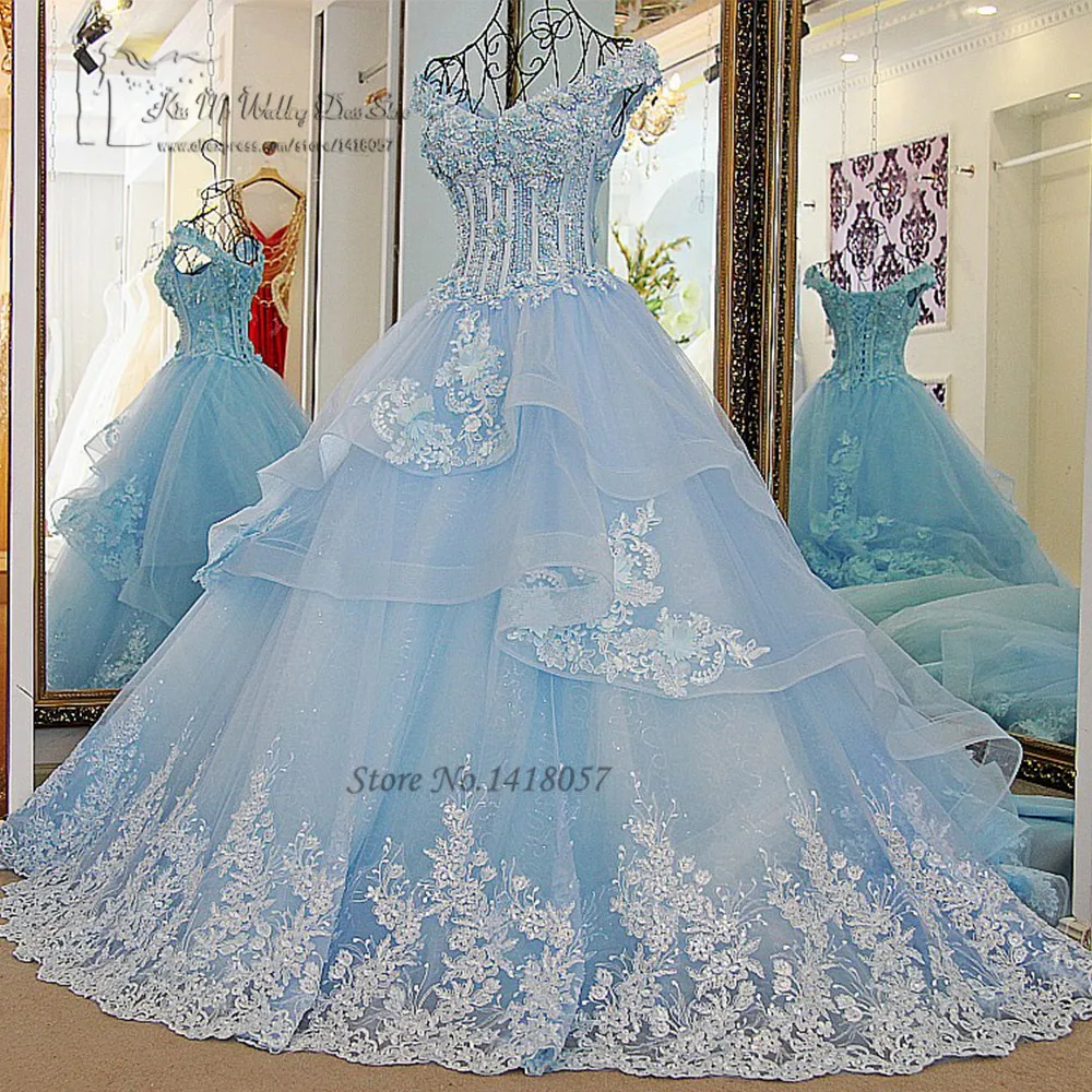 

Vestido de Noiva Princesa Luxo Vintage Light Blue Wedding Dresses 2017 Lace Wedding Gowns Ball Gown Flower Plus Size Bride Dress