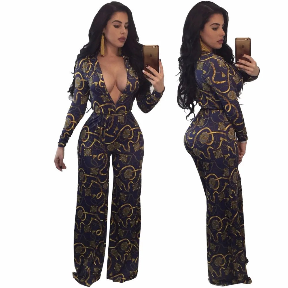 Plus size Fashion Women Print Jumpsuit Sexy Deep V-neck