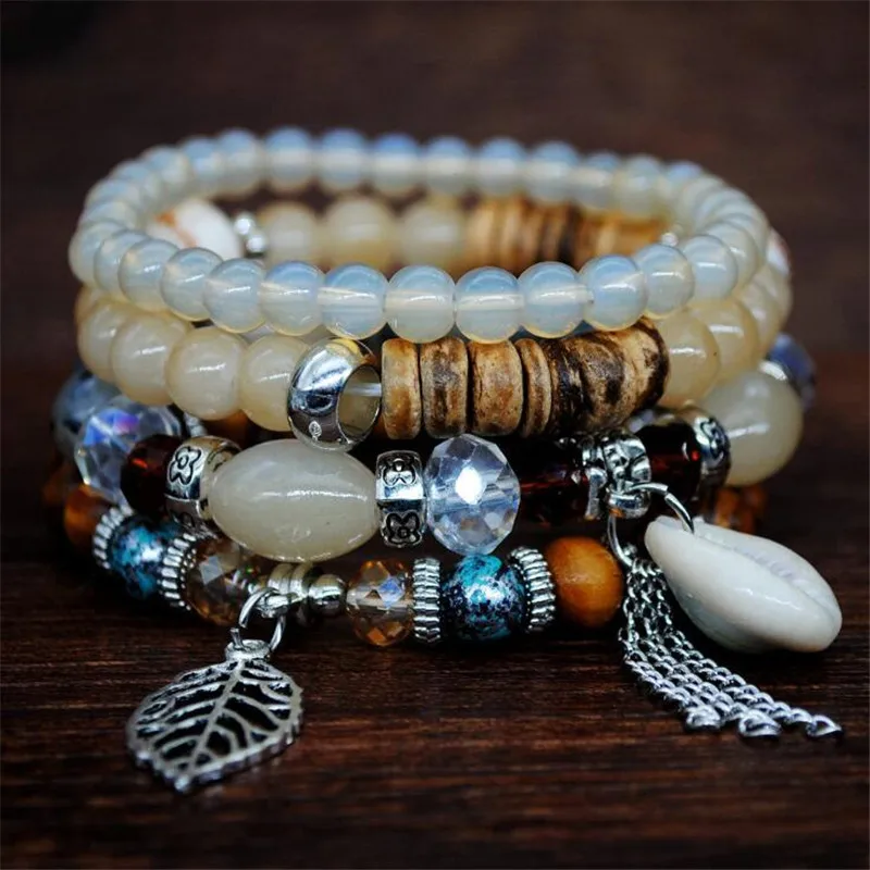 DIEZI Ethnic Tassel Crystal Beads Bracelets for Women Girls Gift Elastic Rope Shell Leaves Charm Wrap Bracelet pulseira feminina