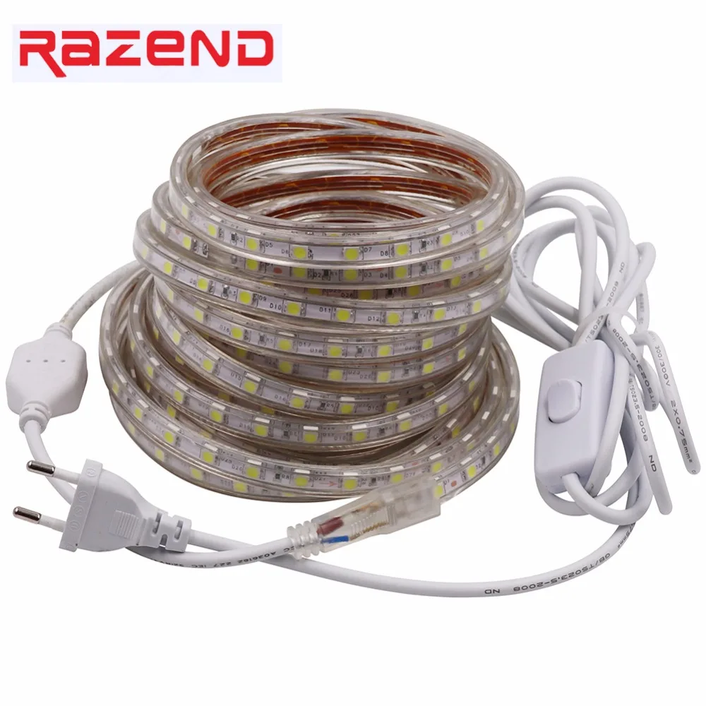 

LED Strip Light AC 220V SMD 5050 Flexible LED Tape 60LEDs/m Ribbon for Living Room + EU plug ON/OFF switch 4M 5M 10M 12M 15M 20M