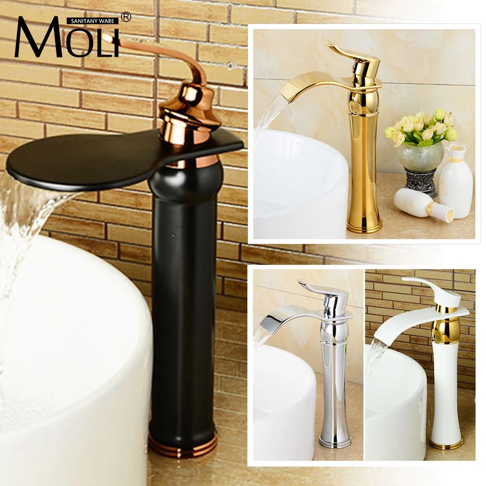 Free shipping Rose Gold Black Bathroom Tall Faucet Deck Mounted Soild Brass Vessel Sink Waterfall Tap Single Holder Mixer RTB11