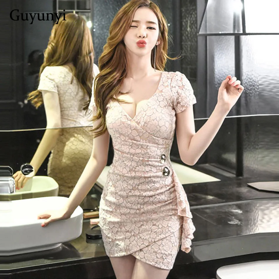 Lace Sexy Club Dress Summer Sheath V-Neck Short Sleeve Ruffles Decoration Slim Fit Athens Dignity Dress Women