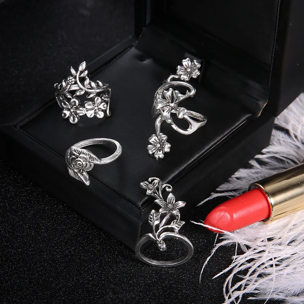 4pcs Vintage Rose Flower Ring Set for Women Antique Silver Color Leaf Carving Knuckle Rings Bohemian Jewelry Statement 008