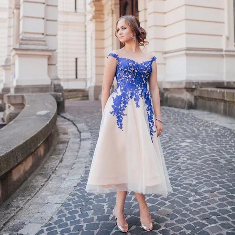 Tea Length Prom Dresses Royal Blue Appliques Champagne Tulle Women Formal Party Gowns Cap Sleeves Short Prom Gowns Illusion Back