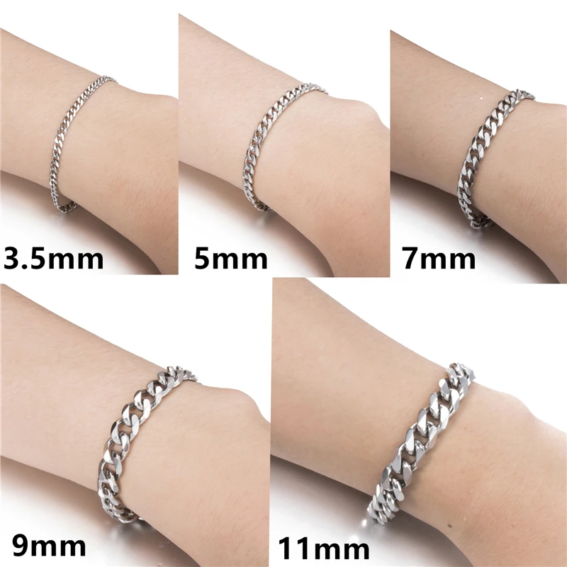 Elfasio 18cm 20cm 23cm Men Bracelets Silver/Gold/Black Color Curb Cuban Link Stainless Steel Bracelet For Women Men\'s Jewelry