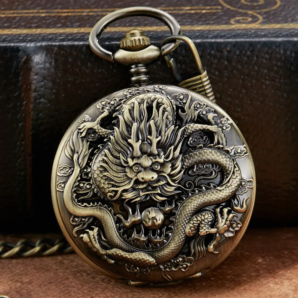 Reloj Mecánico de bolsillo para hombre y niño, pulsera con cadena colgante de dragón chino, Estilo Vintage, regalo