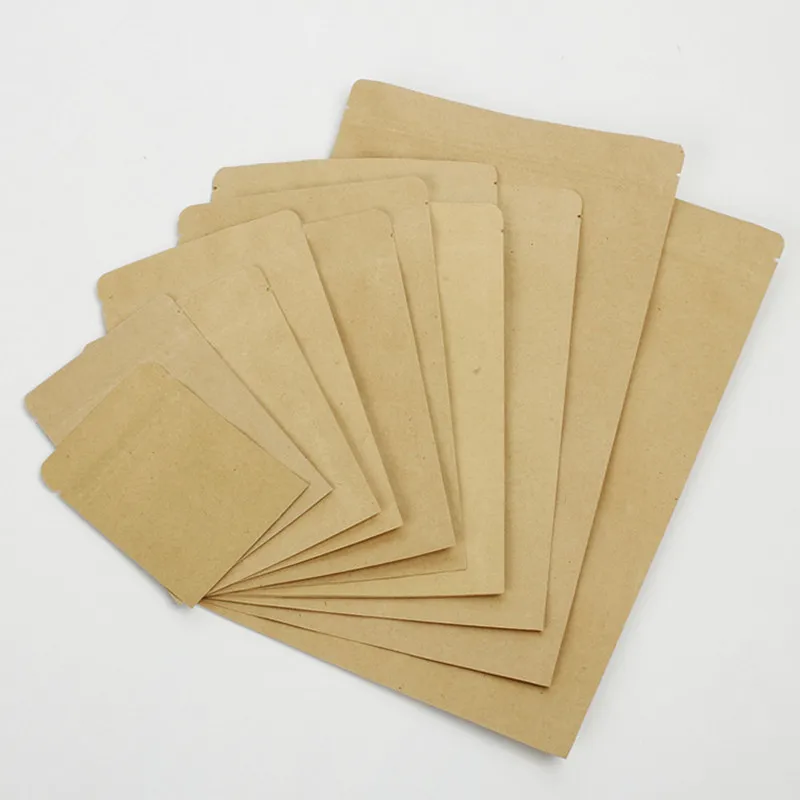 100pcs Flat Kraft Paper Zip Lock Gift Packaging Bag Capsule Nuts Grain Spice Corn Powder Chocolate Ground Coffee Paper Gift Bags