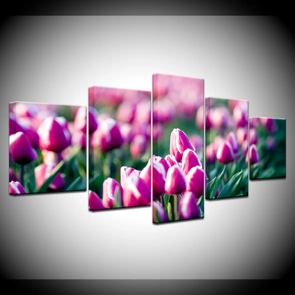 زهور التوليب الوردية 5 لوحات خلفيات وحدات حديثة ملصق فني قماش اللوحة لغرفة المعيشة ديكور المنزل