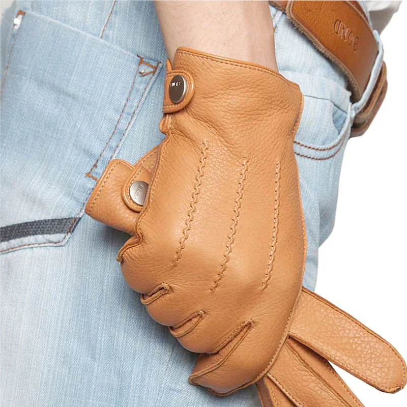 High Quality Men Deerskin Gloves Full-Finger Geuine Leather Driving Gloves Autumn Winter Warm Cashmere Knitted Lined EM012WR