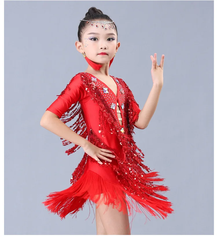 Kinderen Latin dans kostuum meisje lovertjes pluizige jurk concurrentie kinderen Latin dance kleding ballroom dans jurken