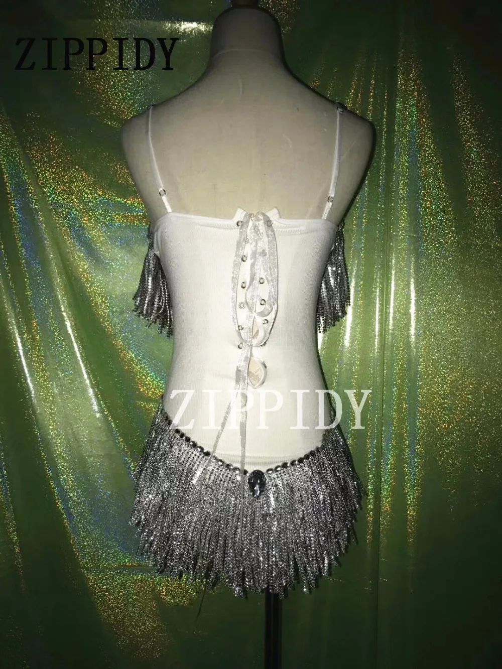 Sexy Silver Rhinestones Tassel Bodysuit Costume Nightclub Dj Celebrate Performance Outfit Crystals Wear Stage Show Leotard