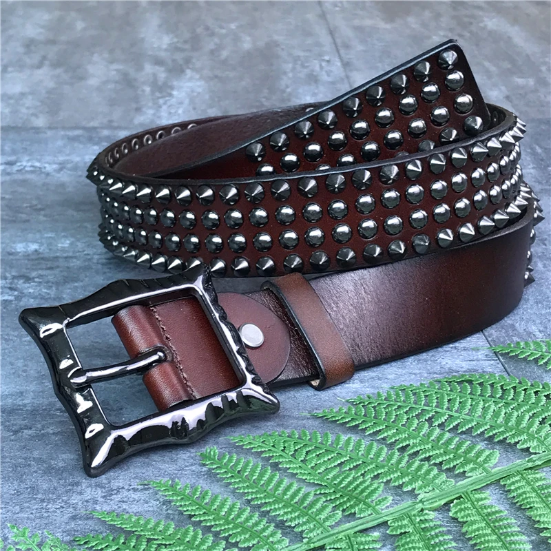 Genuine Leather Heavy Metal Rivet Punk Belts For Men Rock Stud Cowboy Belt Men Ceinture Homme Waist Belt Cinturon Mujer TBT0088