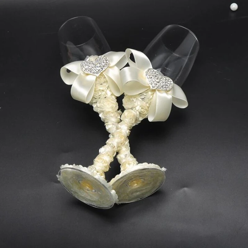 Hot  1 pair Cream bow-knot Wedding Twine Flutes Toasting Glasses s for wedding