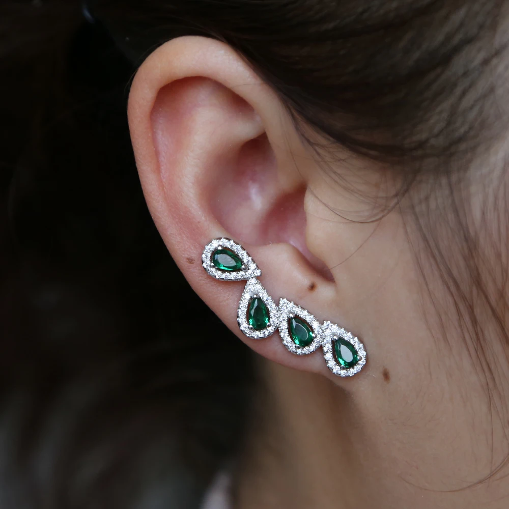 Bling AAA Green Cz Stone Long Ear Climber Stud Earring For Women Romantic Wedding Gift Fashion Teardrop Cubic Zirconia Jewelry