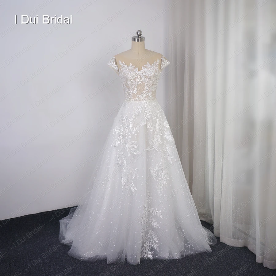 

Cap Sleeve Wedding Dress Illusion Neckline Sequin Layer Lace Appliqued Bridal Gown