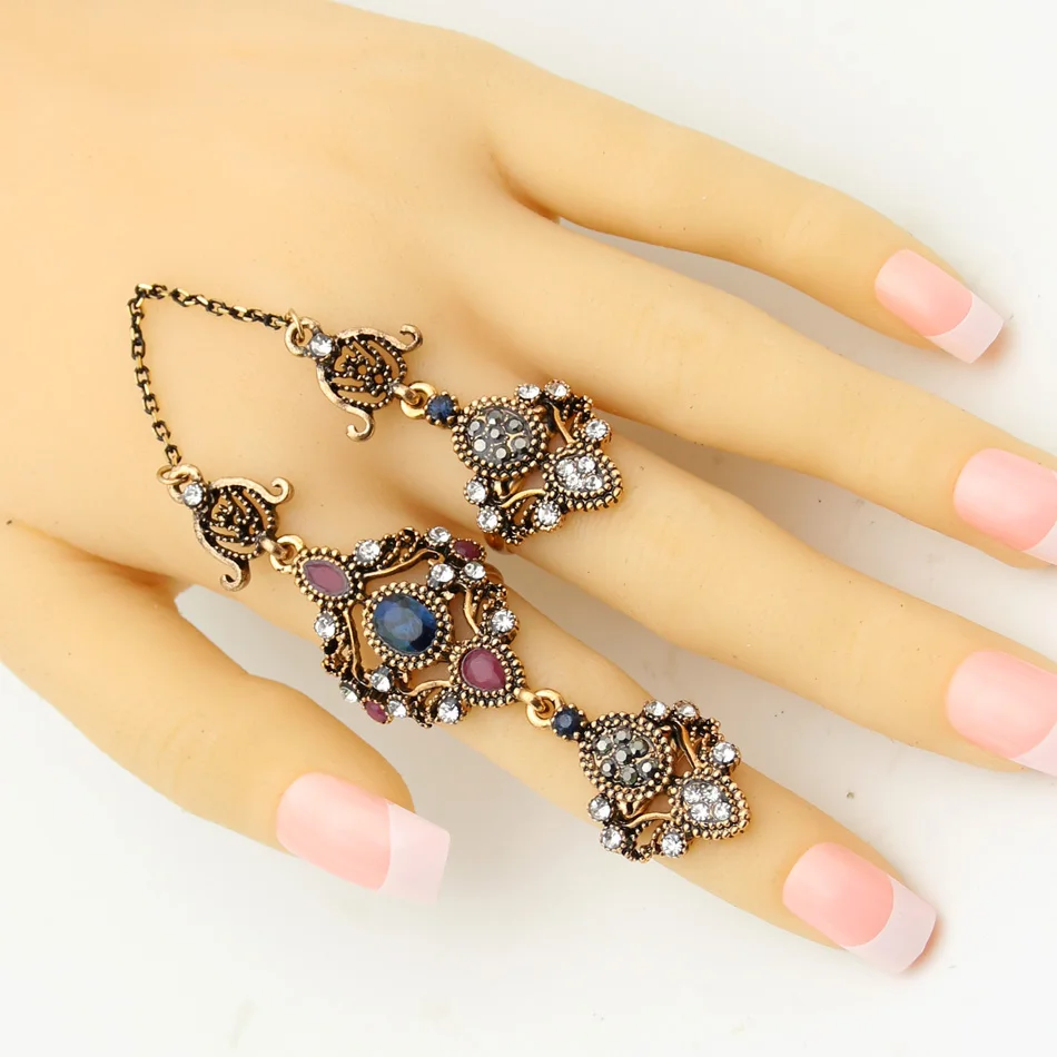 Good Deal Vintage Turkish Double Finger Rings Women Antique Flower Rhinestone Ring Anillos Ethnic Dance Decoration Retro Jewelry