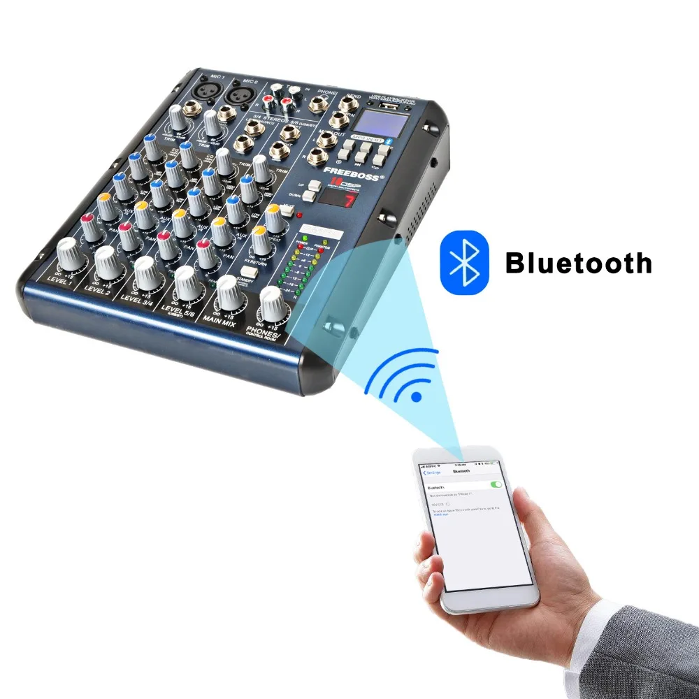 Freeboss-Bluetooth Audio Mixer, 6 Canais, Mixing Desk, USB Play Record, 3 Band EQ, 16 Efeito, Console Tabela de Som Profissional, SMR6